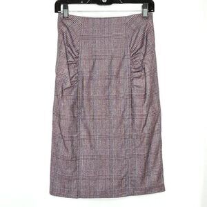 Nanette Lepore Purple Plaid Wool Blend Ruched Ruffle Pencil Midi Skirt Sz 2